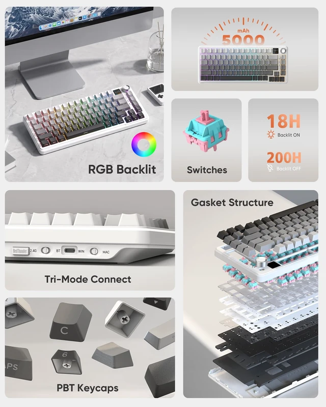 Alt view image 2 of 7 - K75 Pro Wireless Mechanical Gaming Keyboard, TFT Screen & Knob, 75% Tri-Mode, Pre-Lubed Switches, RGB Backlit, Side Printed PBT Keycaps, Creamy Sound Gasket Computer Keyboard, Snow & Ash
