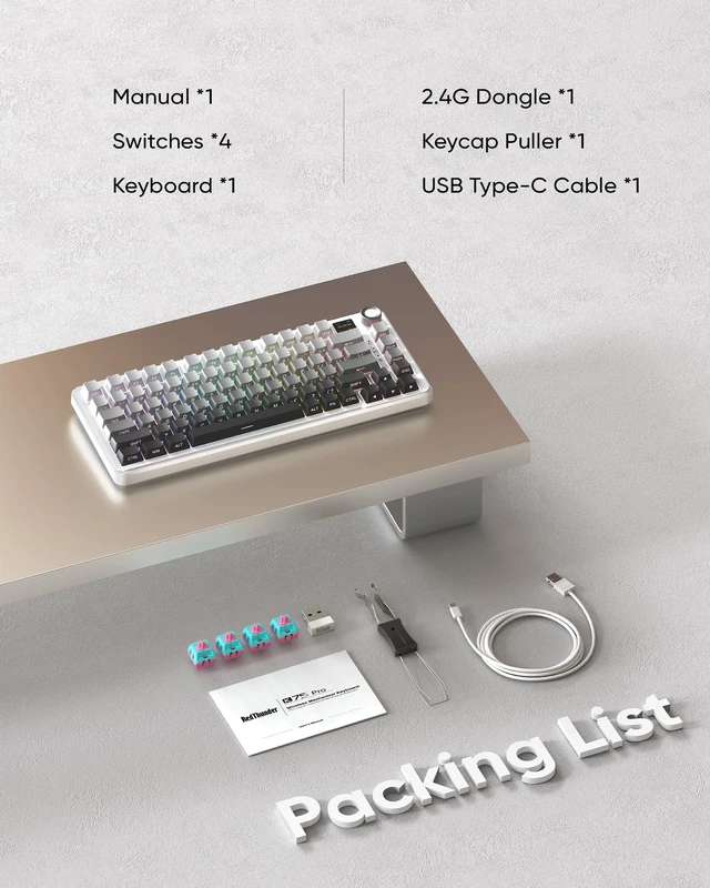 Alt view image 6 of 7 - K75 Pro Wireless Mechanical Gaming Keyboard, TFT Screen & Knob, 75% Tri-Mode, Pre-Lubed Switches, RGB Backlit, Side Printed PBT Keycaps, Creamy Sound Gasket Computer Keyboard, Snow & Ash
