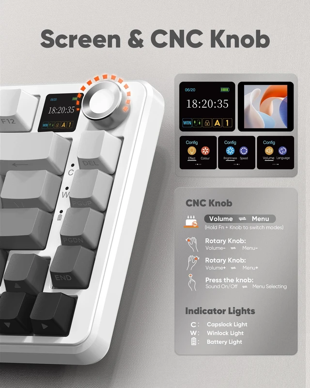 Alt view image 3 of 7 - K75 Pro Wireless Mechanical Gaming Keyboard, TFT Screen & Knob, 75% Tri-Mode, Pre-Lubed Switches, RGB Backlit, Side Printed PBT Keycaps, Creamy Sound Gasket Computer Keyboard, Snow & Ash