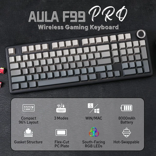 Alt view image 2 of 7 - Aula F99 PRO 96% Mechanical Gaming Keyboard, BT5.0/USB-C/2.4GHz | Wireless Custom Keyboard w/ 8000mAH Battery, Creamy Gasket, Hot Swappable, Rotary Knob, RGB Backlit for Win/Mac (Grey)