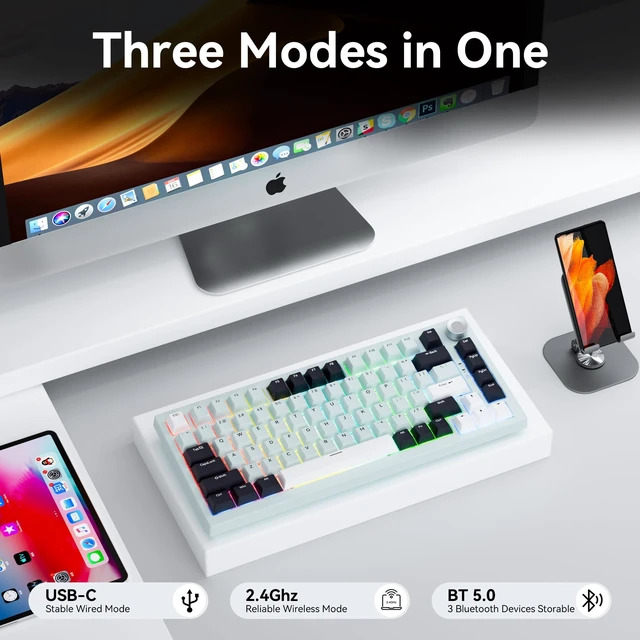 Alt view image 3 of 6 - Iceland Blue 75% HotSwappable Mechanical Keyboard, TripleMode 2.4G BT5.1 USBC, Multifunctional Knob, Gradient PBT Keycaps, 8000mAh Battery, RGB Backlit, Gaming Custom Keypad for Windows Mac