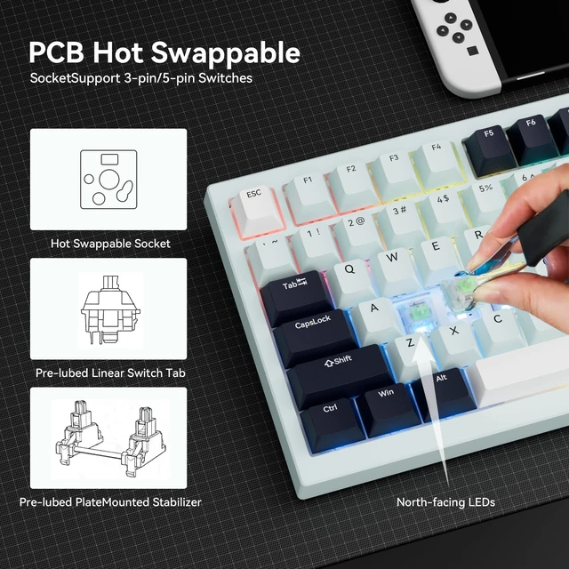 Alt view image 2 of 6 - Iceland Blue 75% HotSwappable Mechanical Keyboard, TripleMode 2.4G BT5.1 USBC, Multifunctional Knob, Gradient PBT Keycaps, 8000mAh Battery, RGB Backlit, Gaming Custom Keypad for Windows Mac