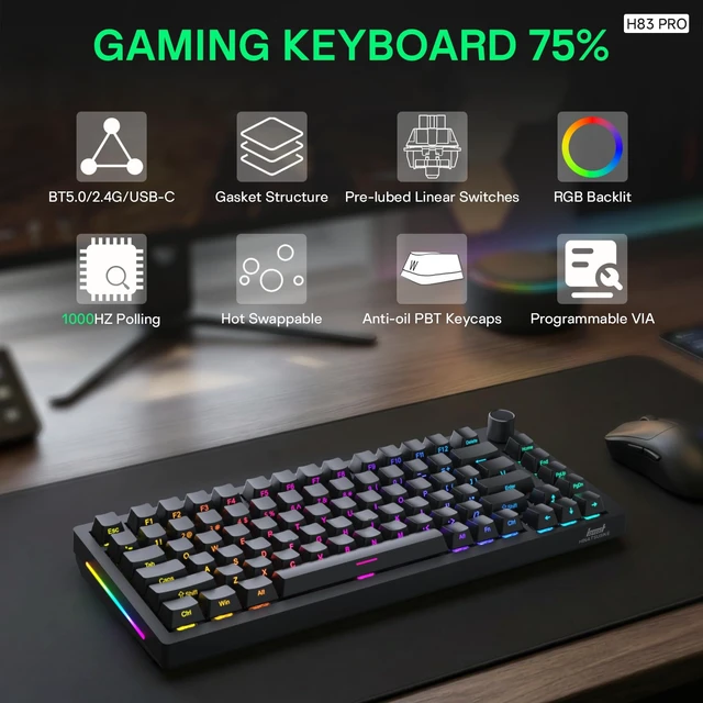 Alt view image 2 of 7 - H83 PRO 75% Wireless Mechanical Gaming Keyboard with Knob | Tri-mode 2.4G/BT5.0/USB-C, 1000Hz polling, gasket mount, hot-swap switches, QMK/VIA, PBT keycaps, RGB side light, 4000mAh