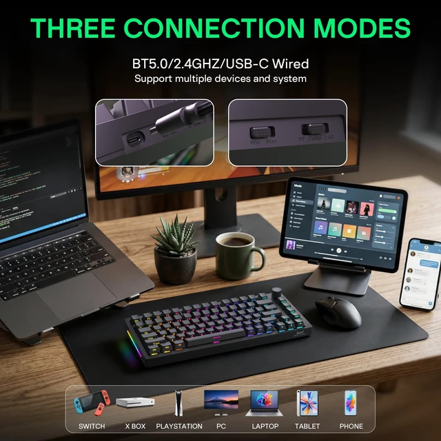 Alt view image 4 of 7 - H83 PRO 75% Wireless Mechanical Gaming Keyboard with Knob | Tri-mode 2.4G/BT5.0/USB-C, 1000Hz polling, gasket mount, hot-swap switches, QMK/VIA, PBT keycaps, RGB side light, 4000mAh