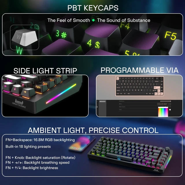 Alt view image 7 of 7 - H83 PRO 75% Wireless Mechanical Gaming Keyboard with Knob | Tri-mode 2.4G/BT5.0/USB-C, 1000Hz polling, gasket mount, hot-swap switches, QMK/VIA, PBT keycaps, RGB side light, 4000mAh