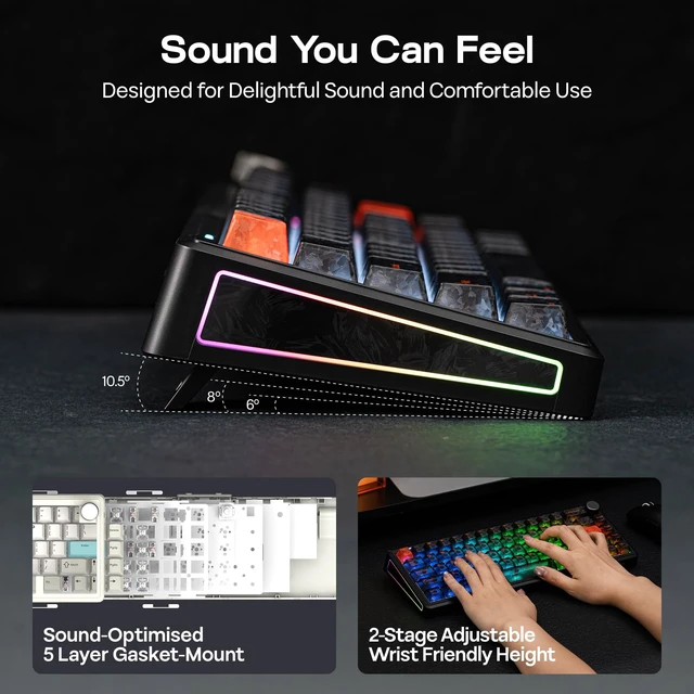 Alt view image 4 of 7 - TH65 Wireless Mechanical Gaming Keyboard with Knob & 8000mAh | Adjustable Kickstand for Comfort Typing, 65%, BT/2.4GHz/USB-C, Hot-Swap, Creamy& Thocky Gasket (Black, Crystal)
