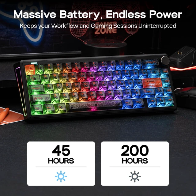 Alt view image 6 of 7 - TH65 Wireless Mechanical Gaming Keyboard with Knob & 8000mAh | Adjustable Kickstand for Comfort Typing, 65%, BT/2.4GHz/USB-C, Hot-Swap, Creamy& Thocky Gasket (Black, Crystal)
