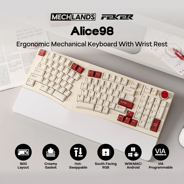 Alt view image 2 of 7 - Feker Alice98 Ergonomic 98 Keys Custom Mechanical Keyboard | VIA Programmable, USB-C Wired Gaming Keyboard, Hot Swappable, 5 Layer Paddings, Control Knob, NKRO, RGB for Win/Mac (Beige)