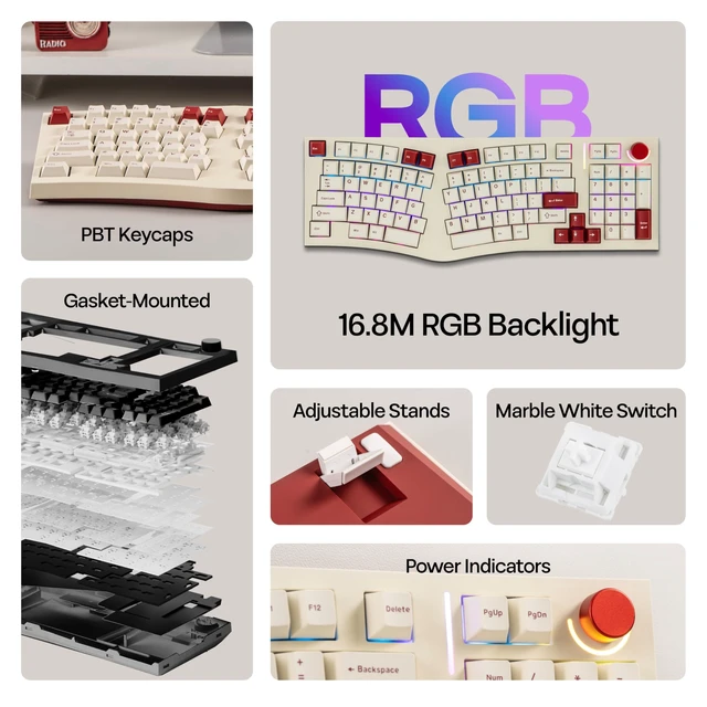 Alt view image 3 of 7 - Feker Alice98 Ergonomic 98 Keys Custom Mechanical Keyboard | VIA Programmable, USB-C Wired Gaming Keyboard, Hot Swappable, 5 Layer Paddings, Control Knob, NKRO, RGB for Win/Mac (Beige)