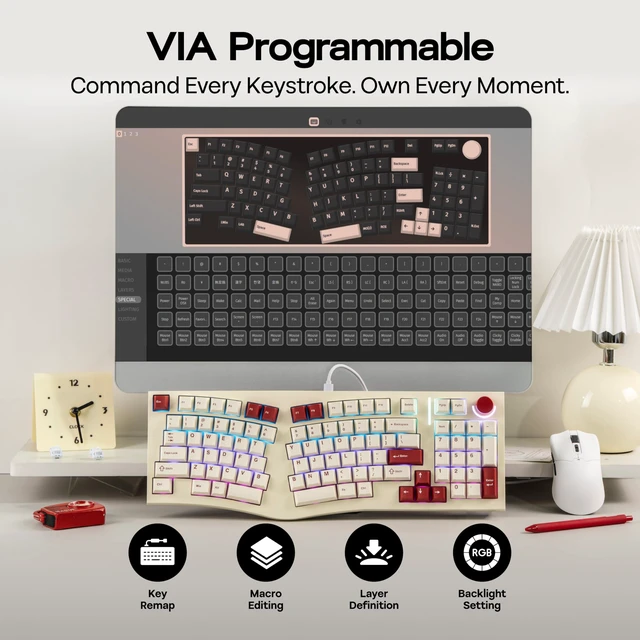 Alt view image 5 of 7 - Feker Alice98 Ergonomic 98 Keys Custom Mechanical Keyboard | VIA Programmable, USB-C Wired Gaming Keyboard, Hot Swappable, 5 Layer Paddings, Control Knob, NKRO, RGB for Win/Mac (Beige)