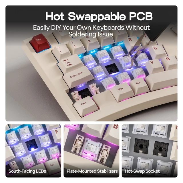 Alt view image 6 of 7 - Feker Alice98 Ergonomic 98 Keys Custom Mechanical Keyboard | VIA Programmable, USB-C Wired Gaming Keyboard, Hot Swappable, 5 Layer Paddings, Control Knob, NKRO, RGB for Win/Mac (Beige)
