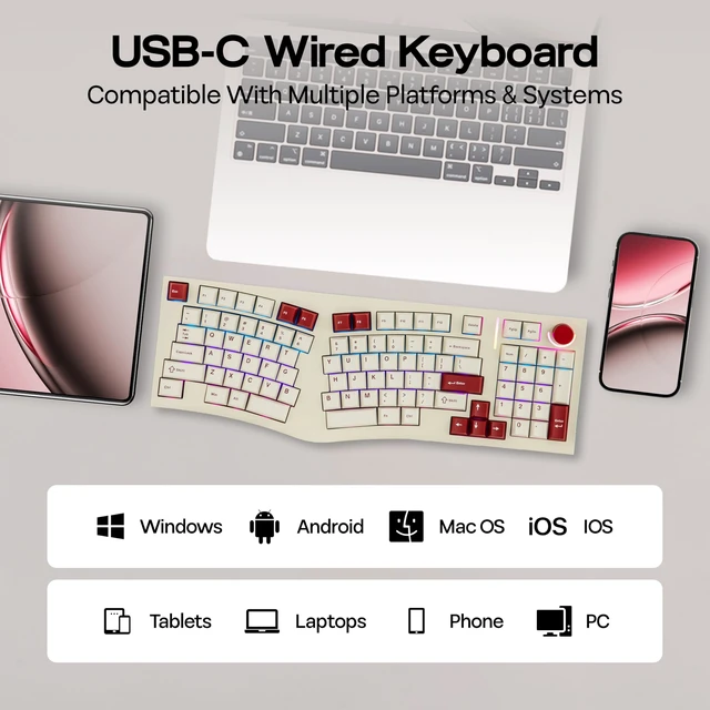 Alt view image 7 of 7 - Feker Alice98 Ergonomic 98 Keys Custom Mechanical Keyboard | VIA Programmable, USB-C Wired Gaming Keyboard, Hot Swappable, 5 Layer Paddings, Control Knob, NKRO, RGB for Win/Mac (Beige)