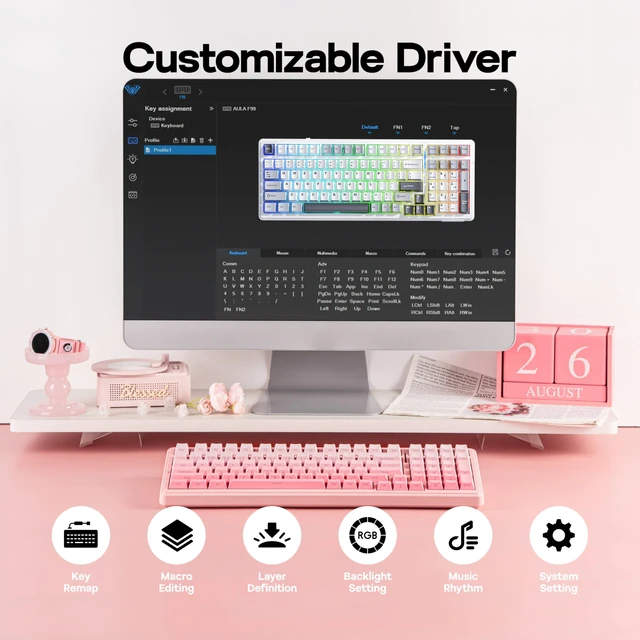 Alt view image 7 of 7 - Aula F99 96% Wireless Gaming Keyboard, 8000mAh Battery | Creamy Gasket Mechanical Keyboard, BT/2.4GHz/USB-C, Hot-Swappable, Linear Switch, Programmable RGB, Win/Mac (Pink Gradient)