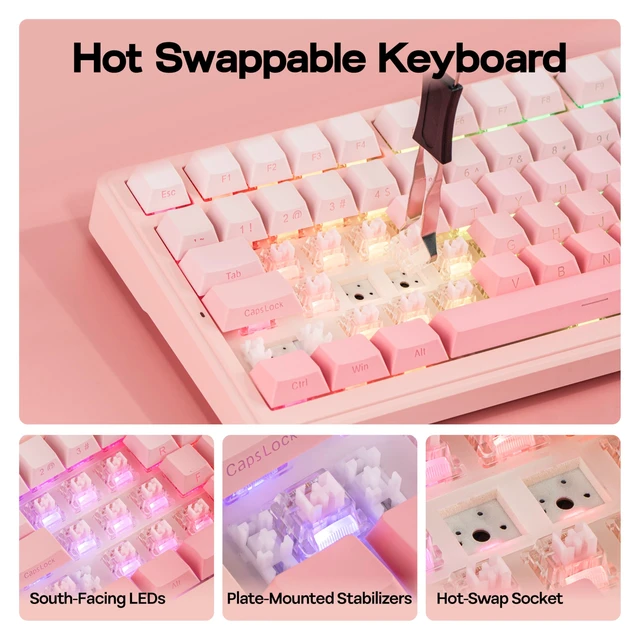Alt view image 6 of 7 - Aula F99 96% Wireless Gaming Keyboard, 8000mAh Battery | Creamy Gasket Mechanical Keyboard, BT/2.4GHz/USB-C, Hot-Swappable, Linear Switch, Programmable RGB, Win/Mac (Pink Gradient)