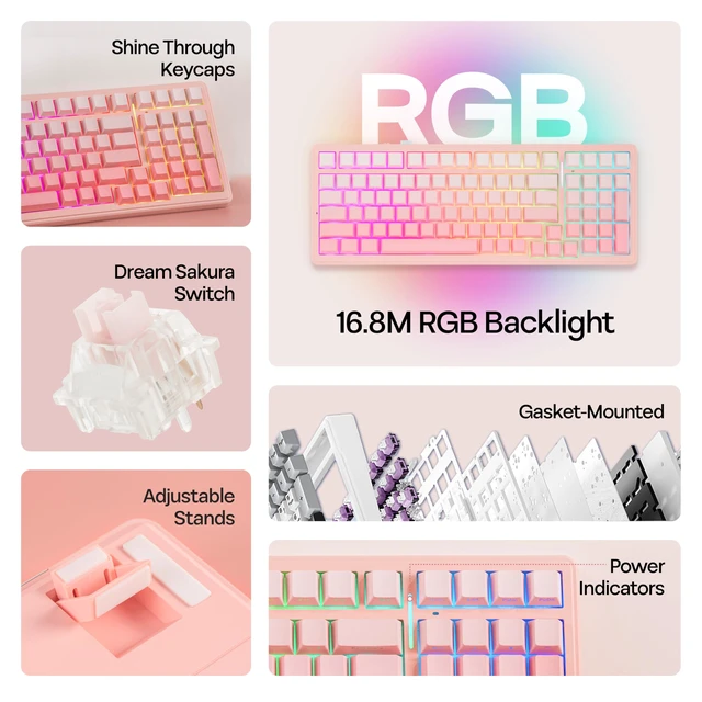 Alt view image 3 of 7 - Aula F99 96% Wireless Gaming Keyboard, 8000mAh Battery | Creamy Gasket Mechanical Keyboard, BT/2.4GHz/USB-C, Hot-Swappable, Linear Switch, Programmable RGB, Win/Mac (Pink Gradient)