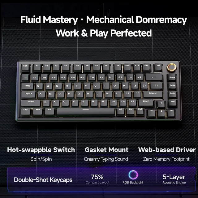Alt view image 2 of 7 - T81E Mechanical Gaming Keyboard, 75% Gasket Mount Wired Keyboard with Knob & 5-Layer Sound Dampening, Hot-Swappable, RGB Backlit, 82 Keys for Windows/Mac/Linux - Black