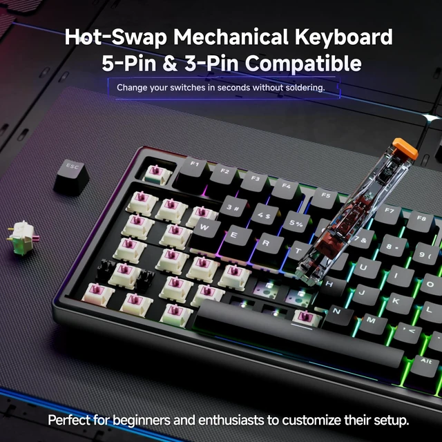 Alt view image 4 of 7 - T81E Mechanical Gaming Keyboard, 75% Gasket Mount Wired Keyboard with Knob & 5-Layer Sound Dampening, Hot-Swappable, RGB Backlit, 82 Keys for Windows/Mac/Linux - Black