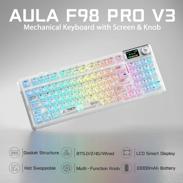 Alt view image 2 of 7 - F98Pro V3 Wireless Mechanical Gaming Clear Keyboard with Screen & Knob | Triple-Mode Hot Swappable, Gasket Mount Linear Switches, Clear Keycaps RGB Backlit, TFT Screen 10000mAh Battery for PC/Office