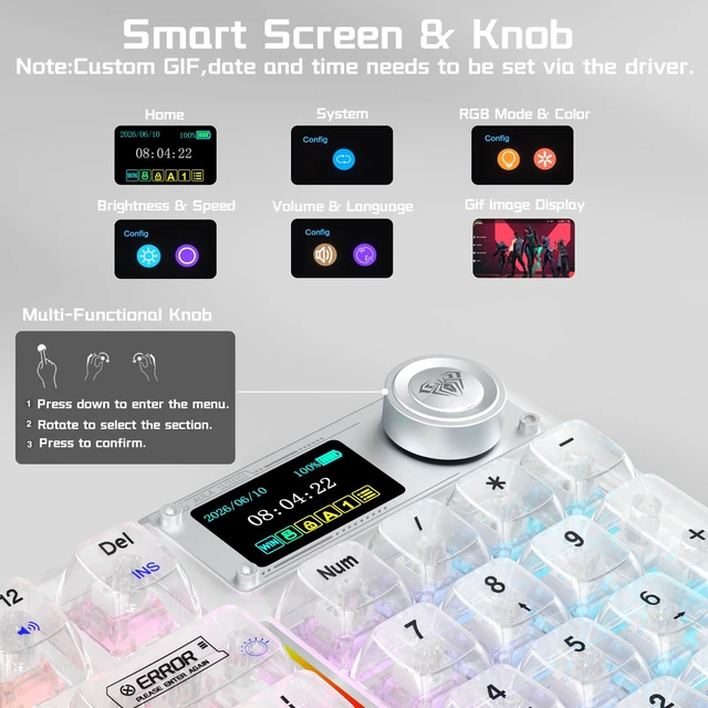 Alt view image 3 of 7 - F98Pro V3 Wireless Mechanical Gaming Clear Keyboard with Screen & Knob | Triple-Mode Hot Swappable, Gasket Mount Linear Switches, Clear Keycaps RGB Backlit, TFT Screen 10000mAh Battery for PC/Office