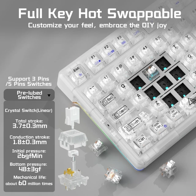 Alt view image 7 of 7 - F98Pro V3 Wireless Mechanical Gaming Clear Keyboard with Screen & Knob | Triple-Mode Hot Swappable, Gasket Mount Linear Switches, Clear Keycaps RGB Backlit, TFT Screen 10000mAh Battery for PC/Office