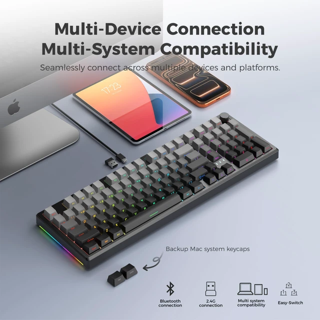 Alt view image 2 of 7 - Wireless Mechanical Keyboard,Full-size Keyboard With Numeric Keypad | Tri-Mode BT5.0/2.4GHz/USB-C Hot Custom Keyboard,RGB Backlit Computer Gaming Keyboards for PC/Tablet/PS/Xbox(Black)