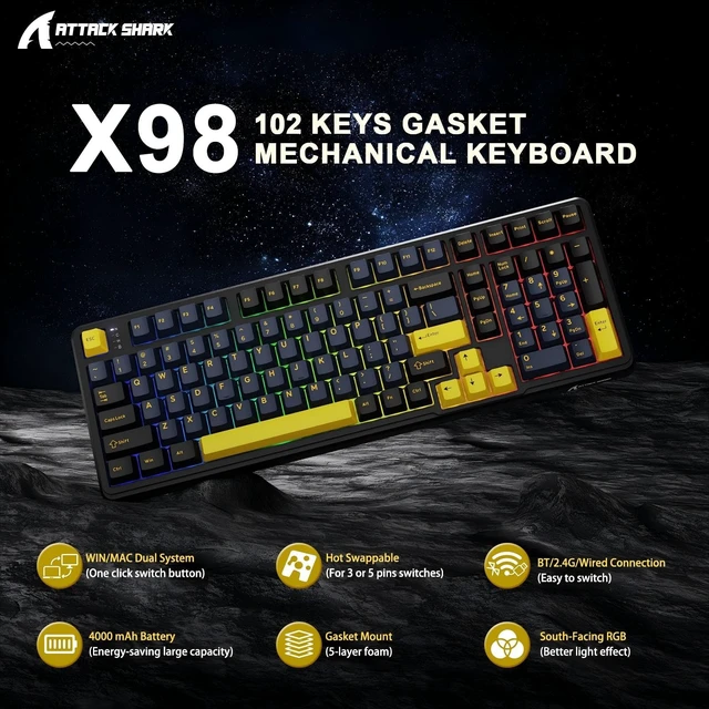 Alt view image 2 of 7 - X98 Wireless Mechanical Keyboard,Tri-Mode BT5.0/2.4GHz/USB-C Hot-Swappable,Gasket Mount with Pre-lubed Linear Switches,PBT Keycaps,RGB Backlit Gaming Keyboard for PC/Tablet/PS5/Xbox