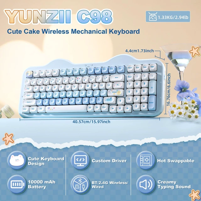 Alt view image 2 of 7 - C98 Cute Cake Wireless Mechanical Keyboard(Blue, Candy Switch) | 99 Keys with Number Pad, Hot Swap, PBT MOA Keycaps, BT5.0/2.4G/USB-C, Gasket Mount, Custom RGB Backlit for Win/Mac