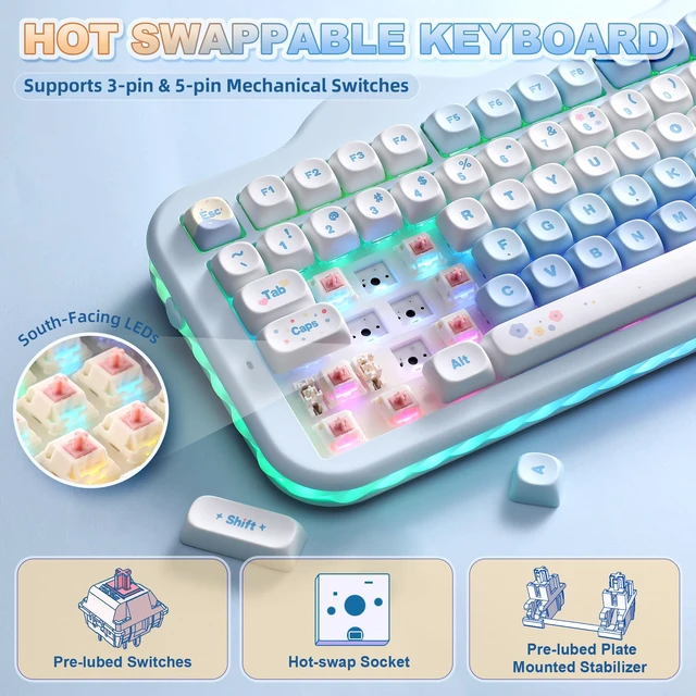 Alt view image 5 of 7 - C98 Cute Cake Wireless Mechanical Keyboard(Blue, Candy Switch) | 99 Keys with Number Pad, Hot Swap, PBT MOA Keycaps, BT5.0/2.4G/USB-C, Gasket Mount, Custom RGB Backlit for Win/Mac