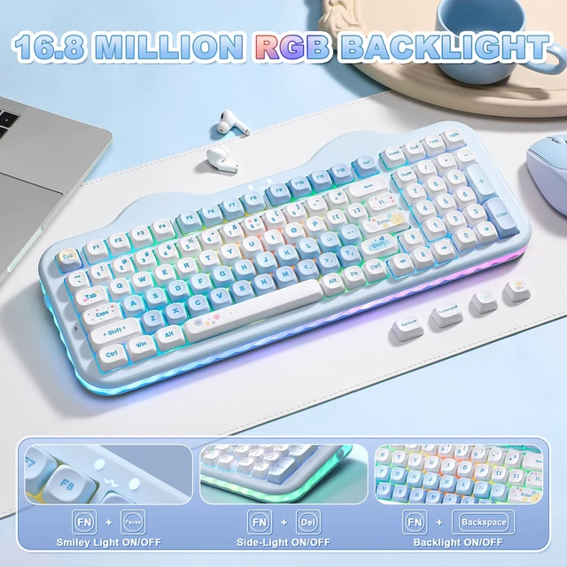 Alt view image 7 of 7 - C98 Cute Cake Wireless Mechanical Keyboard(Blue, Candy Switch) | 99 Keys with Number Pad, Hot Swap, PBT MOA Keycaps, BT5.0/2.4G/USB-C, Gasket Mount, Custom RGB Backlit for Win/Mac