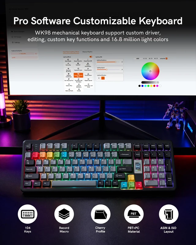 Alt view image 7 of 7 - WK98 Mechanical Keyboard, Creamy Gaming Keyboard with Screen&Knob | 98% Layout, 3-Mode Connectivity, Multimedia Screen, RGB Backlit, Cherry Profile Keycaps, Win/Mac Compatible