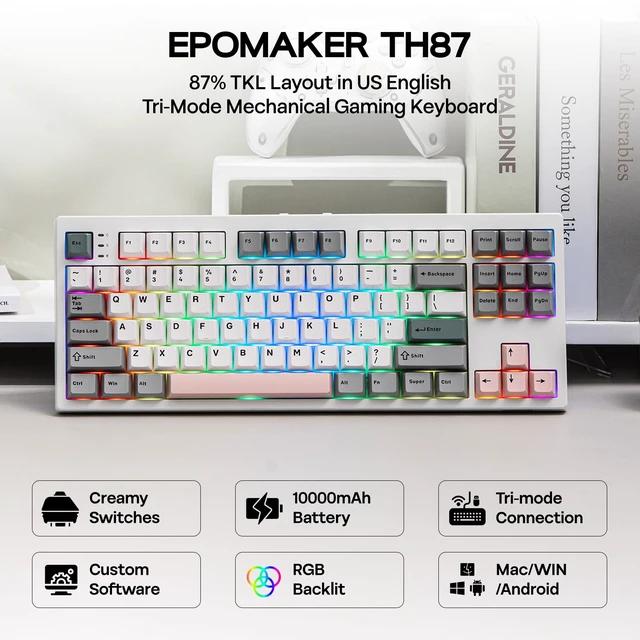 Alt view image 2 of 7 - TH87 Wireless Mechanical Keyboard with 10000mAh Battery | BT/2.4GHz/Wired, Hot Swappable Custom, PBT Keycap, RGB Backlit, Gasket, TKL Gaming Keyboard for PC/Mac (Creamy Jade Switch)