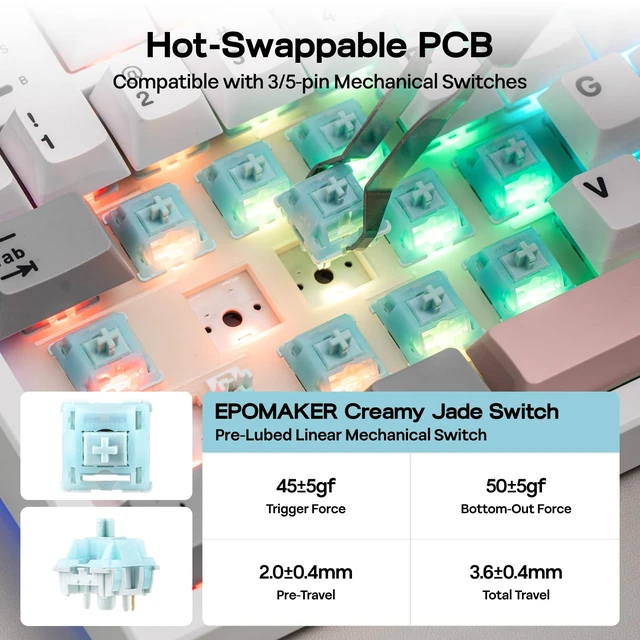 Alt view image 4 of 7 - TH87 Wireless Mechanical Keyboard with 10000mAh Battery | BT/2.4GHz/Wired, Hot Swappable Custom, PBT Keycap, RGB Backlit, Gasket, TKL Gaming Keyboard for PC/Mac (Creamy Jade Switch)