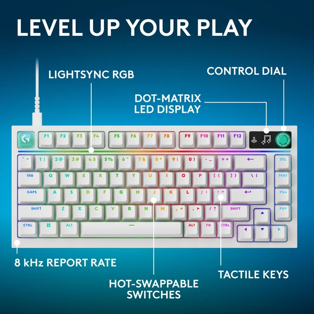 Alt view image 2 of 7 - Loitech G316 X 75 Gaming Keyboard, Tactile Switches - White | 8 kHz report rate, hot-swappable, gasket structure, LED dot matrix display & dial, double shot PBT keycaps, USB-C, for PC