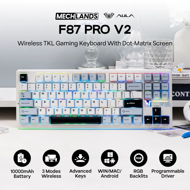 Alt view image 2 of 7 - Aula F87 PRO V2 Wireless Gaming Keyboard with 10000mAh Battery, 8K Polling, SOCD/MT/TGL, BT/2.4GHz/Wired, Hot Swap TKL Mechanical Keyboard with Creamy Gasket, RGB Backlit (White Blue)