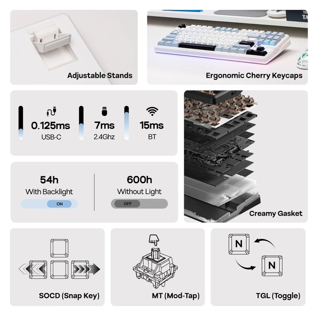 Alt view image 3 of 7 - Aula F87 PRO V2 Wireless Gaming Keyboard with 10000mAh Battery, 8K Polling, SOCD/MT/TGL, BT/2.4GHz/Wired, Hot Swap TKL Mechanical Keyboard with Creamy Gasket, RGB Backlit (White Blue)