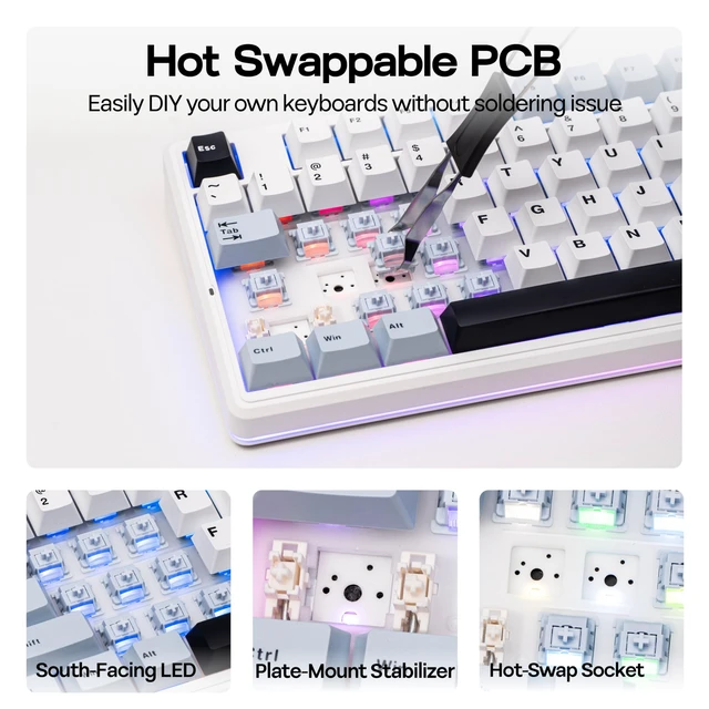 Alt view image 7 of 7 - Aula F87 PRO V2 Wireless Gaming Keyboard with 10000mAh Battery, 8K Polling, SOCD/MT/TGL, BT/2.4GHz/Wired, Hot Swap TKL Mechanical Keyboard with Creamy Gasket, RGB Backlit (White Blue)