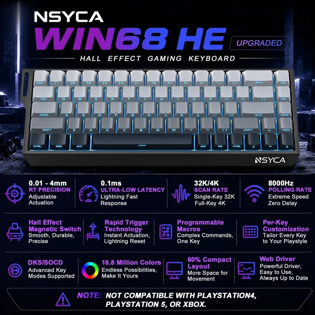 Alt view image 2 of 7 - WIN68 HE Hall Effect Keyboard, Rapid Trigger Magnetic Gaming Keyboard, 8000Hz Polling Rate, DKS & SOCD, 0.01mm Adjustable, RGB PBT Keycaps, 60% Wired Keyboard for FPS Gaming PC & MacGray