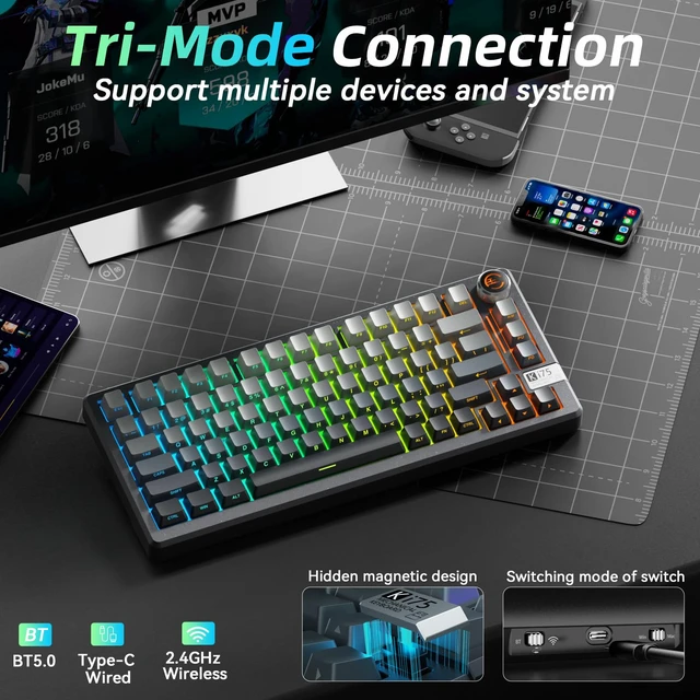 Alt view image 4 of 7 - KI75 Wireless Gaming Keyboard, 75% Mechanical Aluminum Keyboard | Hot-swap Gasket Mount Creamy Keyboad with Knob, Tri-Mode BT/USB-C/2.4GHz, Thocky Custom RGB Backlit Keyboard for PC/Laptop