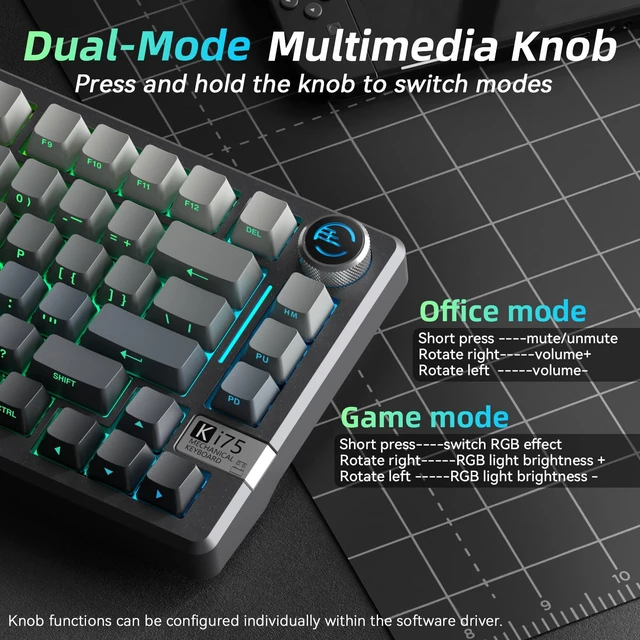 Alt view image 5 of 7 - KI75 Wireless Gaming Keyboard, 75% Mechanical Aluminum Keyboard | Hot-swap Gasket Mount Creamy Keyboad with Knob, Tri-Mode BT/USB-C/2.4GHz, Thocky Custom RGB Backlit Keyboard for PC/Laptop