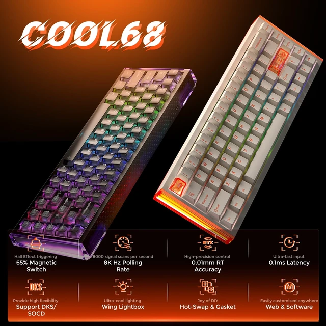 Alt view image 2 of 7 - COOL68 Hall Effect Magnetic Switch Mechanical Gaming Keyboard 65% | Rapid Trigger,SOCD,8000Hz Polling Rate,0.01mm RT Accuracy,0.1ms Latency,Adjustable Actuation,PBT keycaps,Hot-swap,RGB,Wired