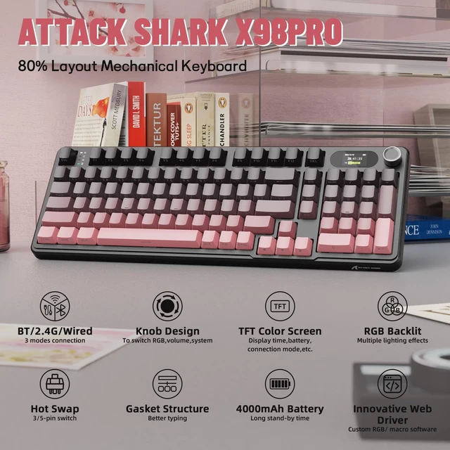 Alt view image 2 of 7 - Attack Shark X98 Pro Wireless Mechanical Keyboard with Screen & Knob, 2.4G/USB-C/BT5.0 Gasket Hot Swappable Creamy Keyboard102 Keys, Web Driver RGB Gaming Keyboard for PC/Mac/PS4/Xbox
