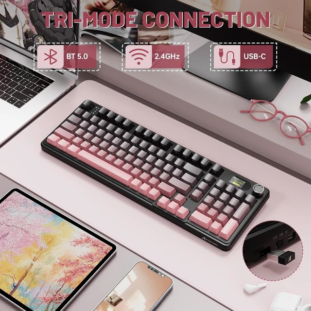 Alt view image 3 of 7 - Attack Shark X98 Pro Wireless Mechanical Keyboard with Screen & Knob, 2.4G/USB-C/BT5.0 Gasket Hot Swappable Creamy Keyboard102 Keys, Web Driver RGB Gaming Keyboard for PC/Mac/PS4/Xbox