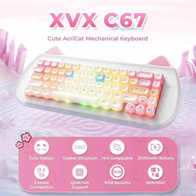 Alt view image 2 of 7 - XVX C67 Wireless Mechanical Keyboard Cute Design, 60% Gaming Creamy Keyboard Custom QMK/VIA, BT5.0/2.4G/USB-C Mode, Hot Swappable Linear Switch RGB Backlits, Gasket Mount for Win/Mac(AcriCat, Pink)