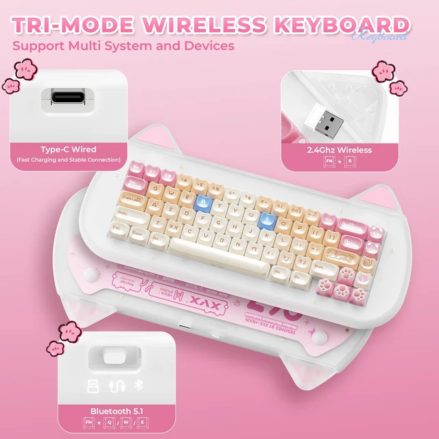 Alt view image 3 of 7 - XVX C67 Wireless Mechanical Keyboard Cute Design, 60% Gaming Creamy Keyboard Custom QMK/VIA, BT5.0/2.4G/USB-C Mode, Hot Swappable Linear Switch RGB Backlits, Gasket Mount for Win/Mac(AcriCat, Pink)