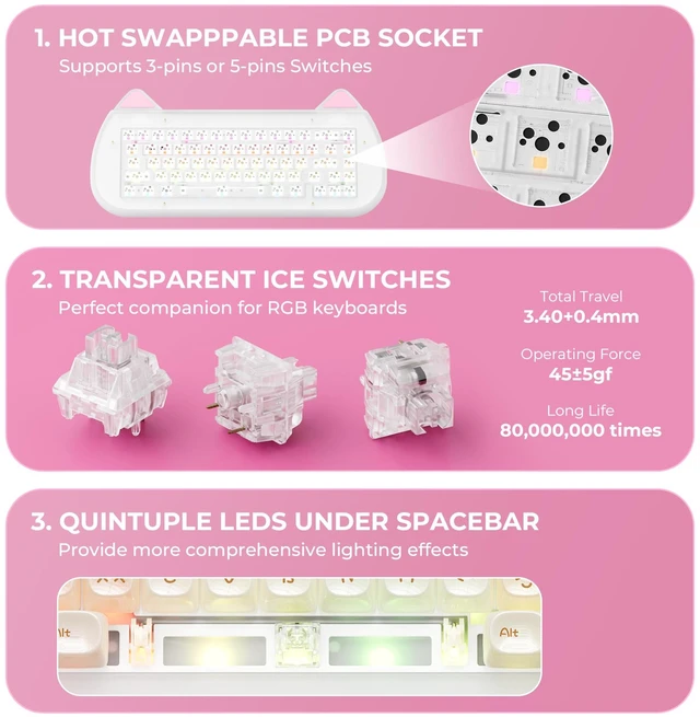 Alt view image 6 of 7 - XVX C67 Wireless Mechanical Keyboard Cute Design, 60% Gaming Creamy Keyboard Custom QMK/VIA, BT5.0/2.4G/USB-C Mode, Hot Swappable Linear Switch RGB Backlits, Gasket Mount for Win/Mac(AcriCat, Pink)