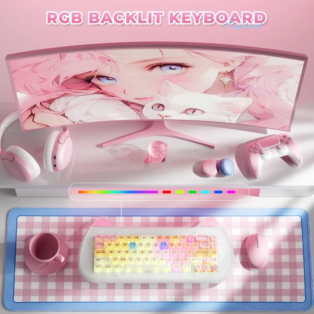 Alt view image 7 of 7 - XVX C67 Wireless Mechanical Keyboard Cute Design, 60% Gaming Creamy Keyboard Custom QMK/VIA, BT5.0/2.4G/USB-C Mode, Hot Swappable Linear Switch RGB Backlits, Gasket Mount for Win/Mac(AcriCat, Pink)