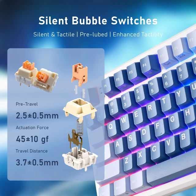 Alt view image 6 of 7 - K103R RGB 75% Mechanical Keyboard w/Knob, Silent Bubble Switch | Wireless, 81 PBT Keys, Hot Swappable Pre-lubed Switches, Gasket Mount, USB-C Detachable Cable (Ocean Blue)