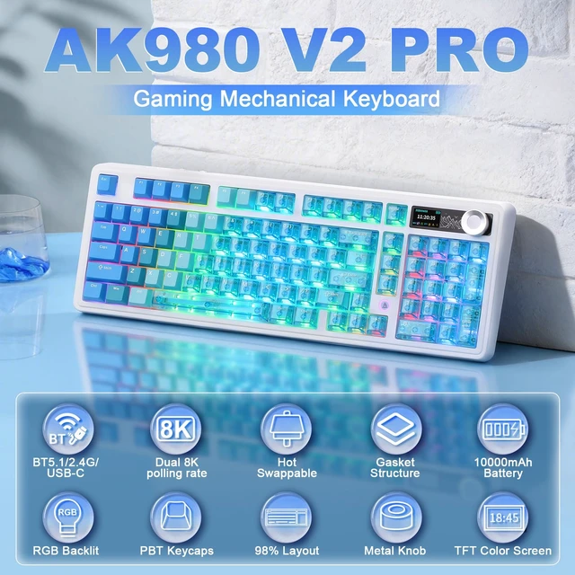 Alt view image 2 of 7 - AJAZZ AK980 Pro Dual 8K Wireless Mechanical Keyboard(Blue,Lychee Switch) | 98% Dual 8K Gaming Keyboard,Tri-Mode Bluetooth Keyboard with Smart Display & Knob, Hot Swappable Creamy Keyboard for Win/Mac