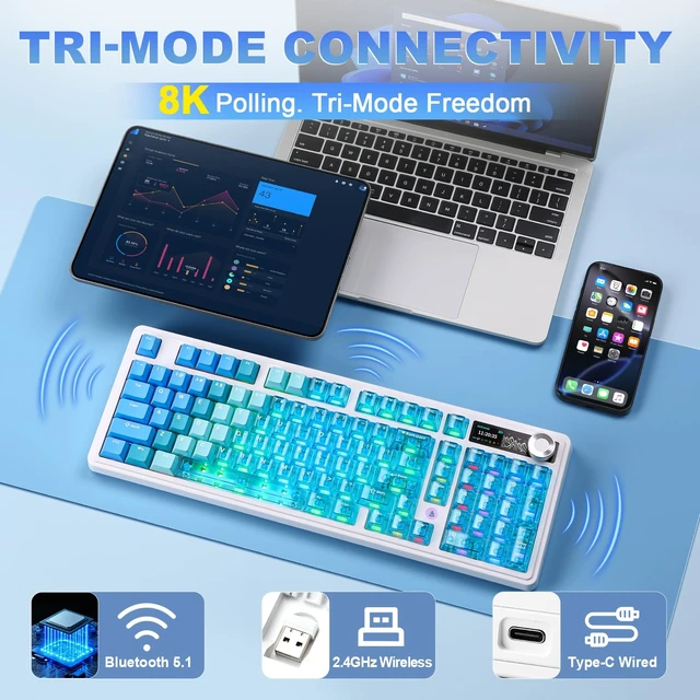 Alt view image 4 of 7 - AJAZZ AK980 Pro Dual 8K Wireless Mechanical Keyboard(Blue,Lychee Switch) | 98% Dual 8K Gaming Keyboard,Tri-Mode Bluetooth Keyboard with Smart Display & Knob, Hot Swappable Creamy Keyboard for Win/Mac