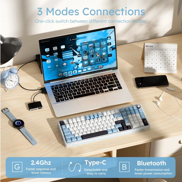 Alt view image 3 of 7 - B98 Wireless Mechanical Keyboard with Knob, Linear Switch, White | Full Size RGB Gaming Keyboard with Number Pad, Creamy Bluetooth/2.4G/Wired Gasket Hot Swappable Keyboards for Win/Mac/PC Game